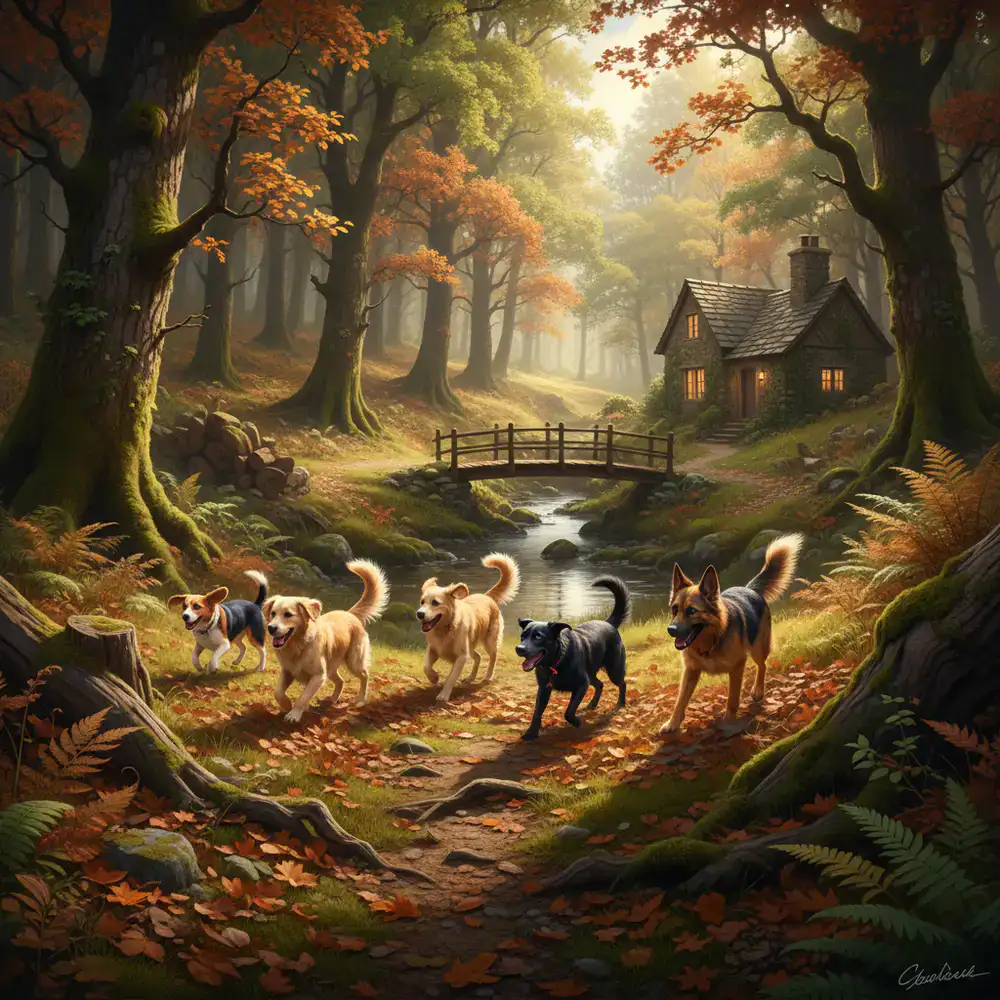 Happy dogs playing in the woodland retreat