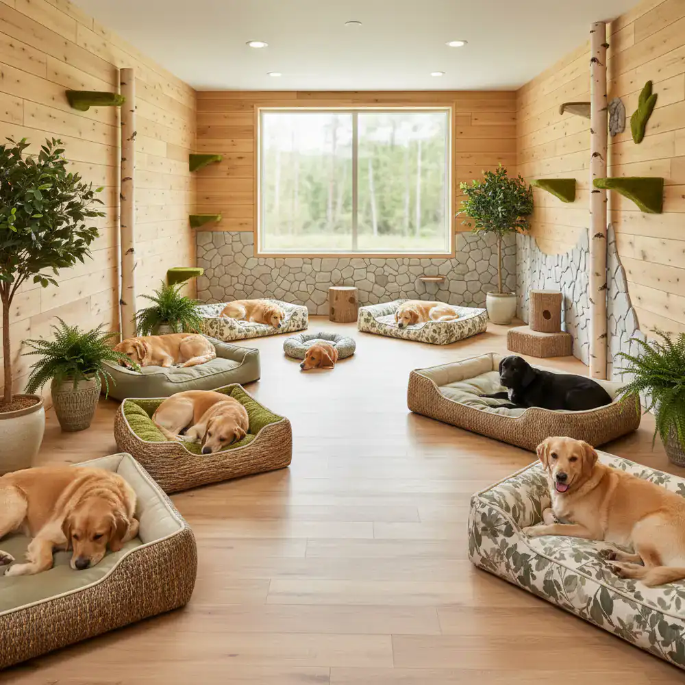 A clean and calm indoor dog boarding lounge area