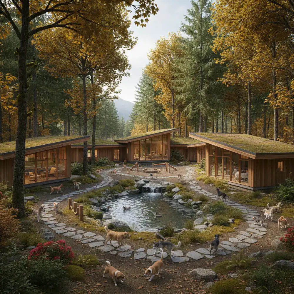 Exterior view of Maple Paws Retreat woodland facility in Kelowna