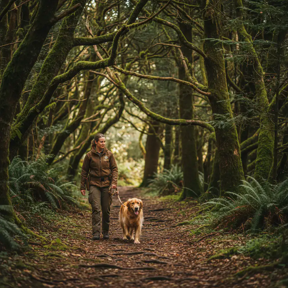 Staff member walking a dog along a wooded trail