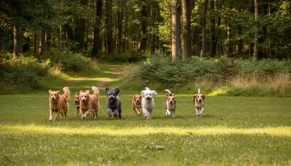Group of dogs running in a grassy outdoor play yard