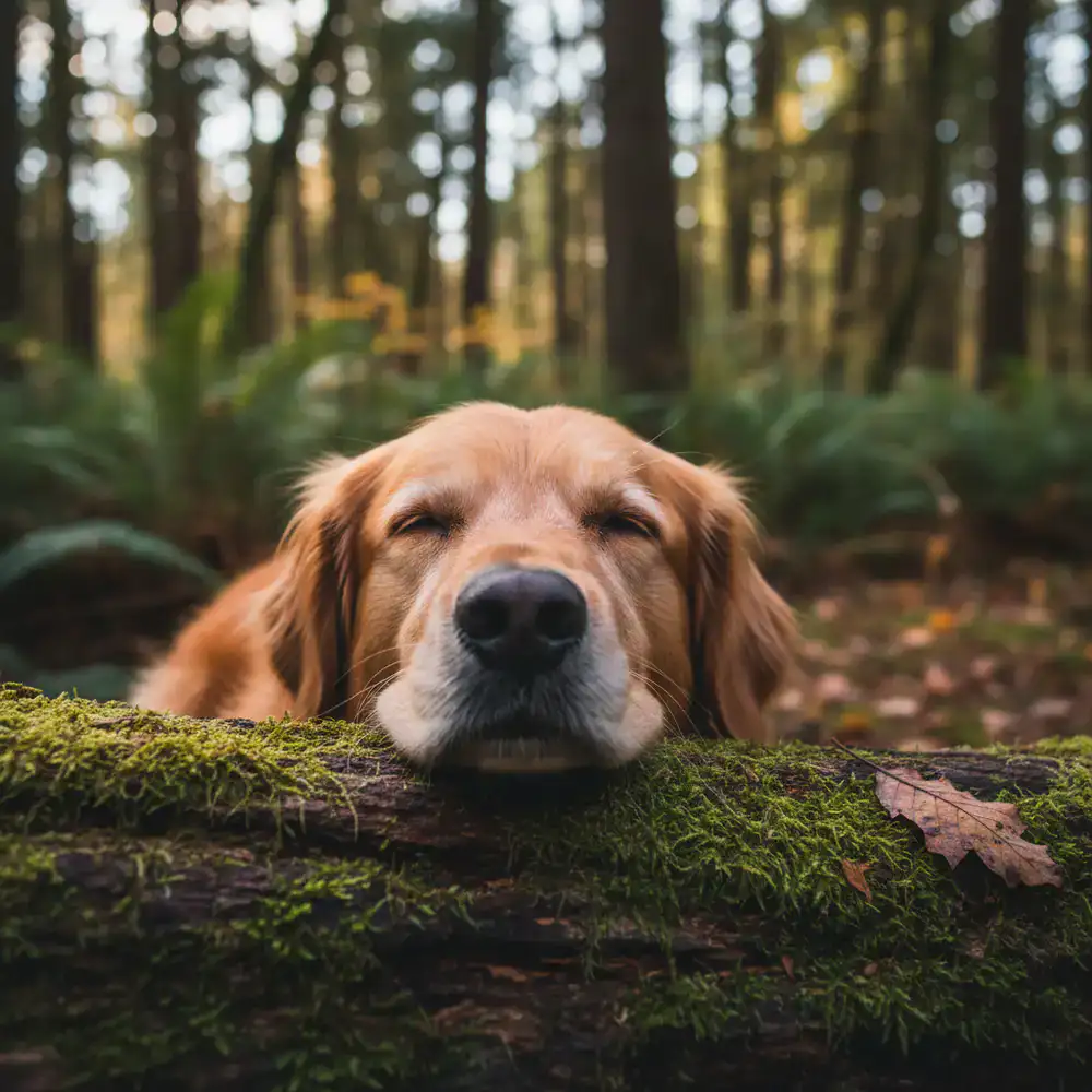 Close up portrait of a relaxed, happy dog resting