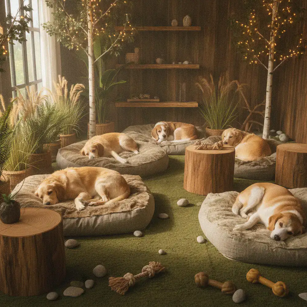 Happy dogs relaxing in a comfortable woodland-themed space