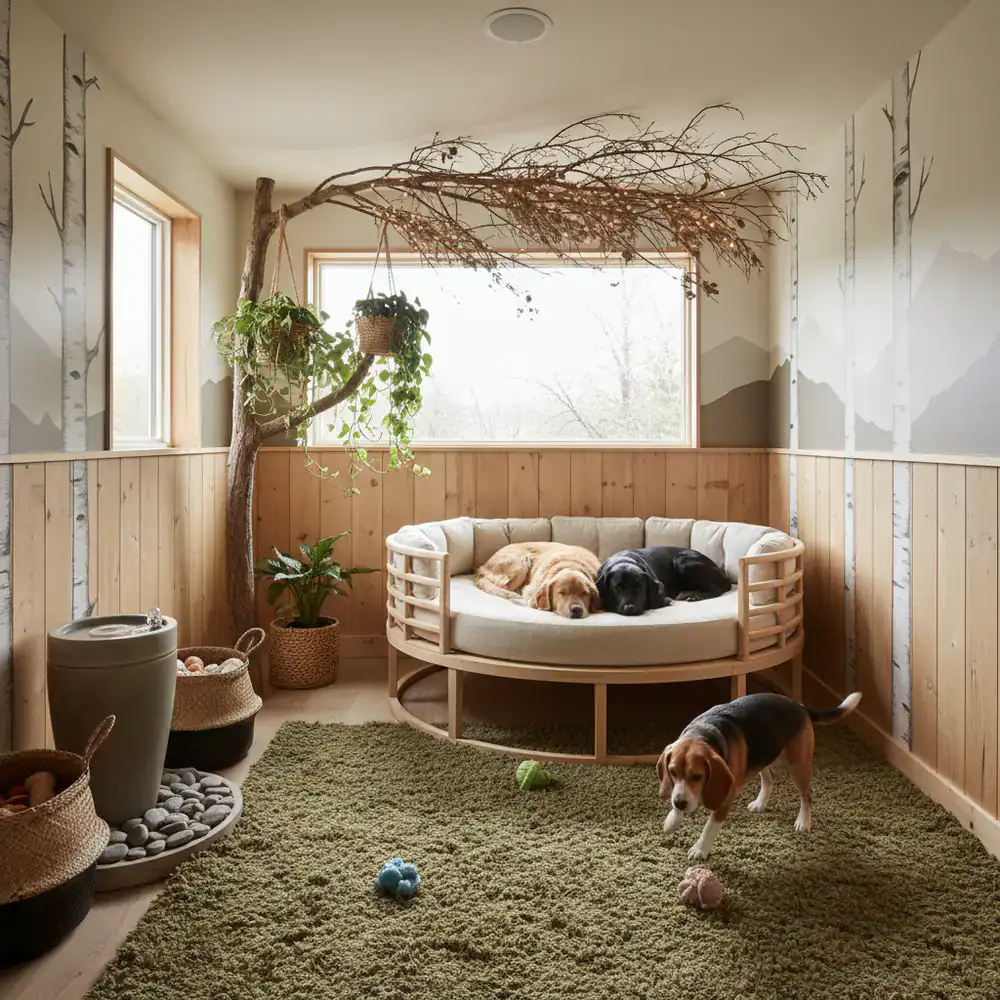 Spacious private dog suite with elevated bed