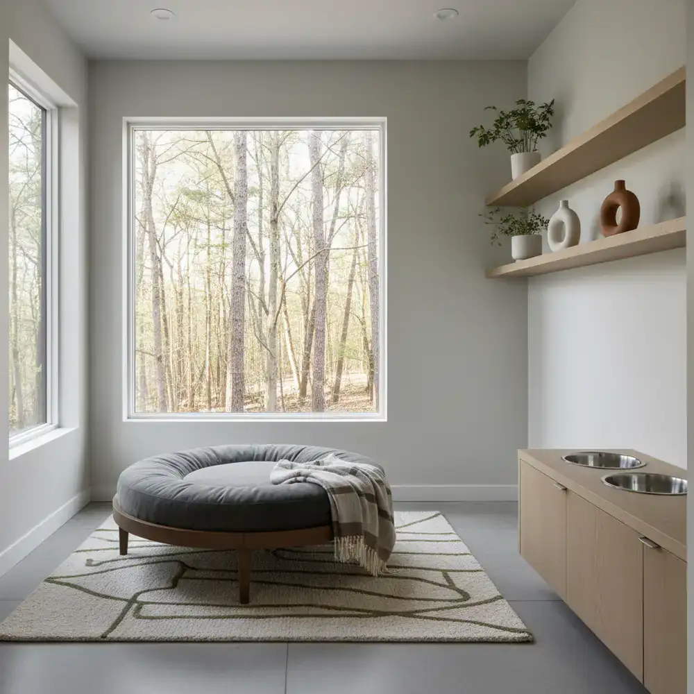 Clean, modern private dog boarding suite with elevated bed